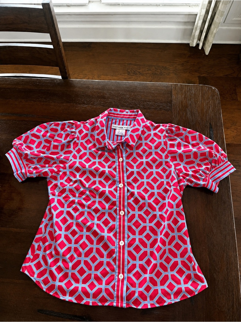 Gretchen Scott Red Blue Geometric Button Down Shirt Blouse